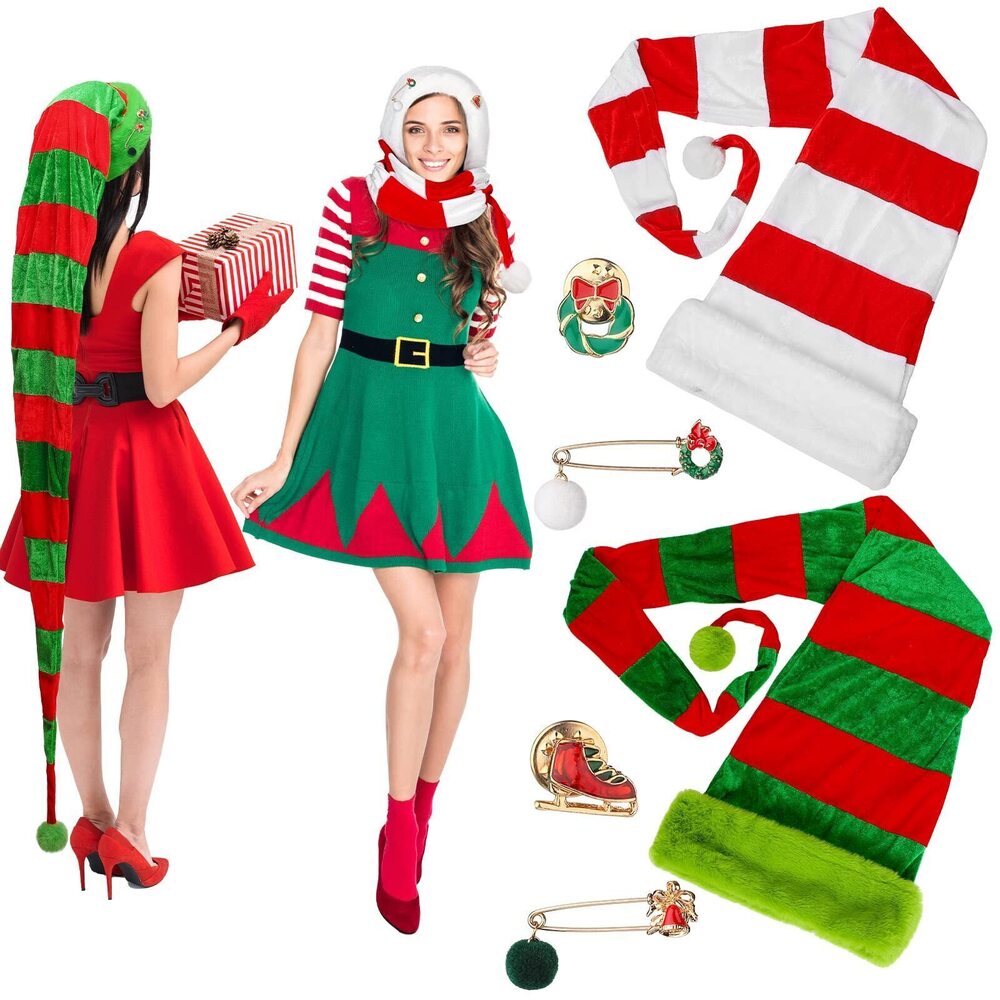 5405 2 Pcs Super Long Christmas Elf Hat 63 Inches Knitted Green White